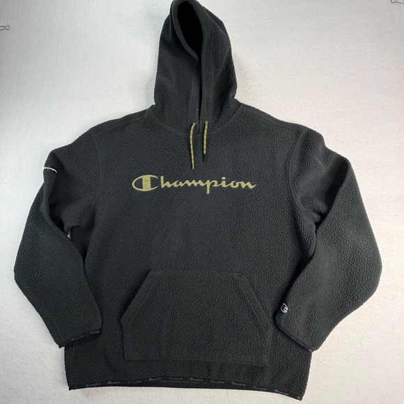 Champion Other - Champion Mens Sherpa Fleece Hoodie Black Gold Embroidered Logo Size Large